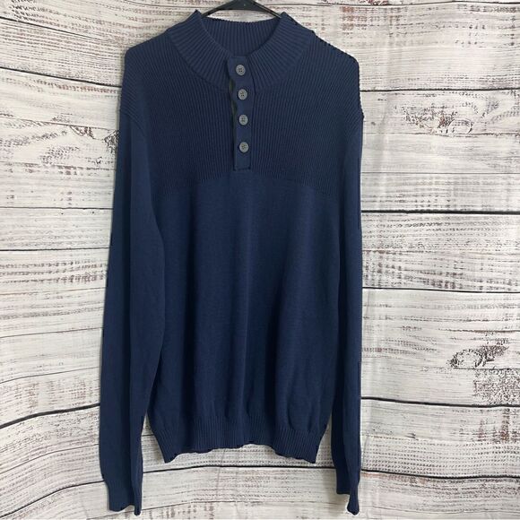 Club Room Sweater Mens Large Button Mock neck knit Cotton Navy blue New - Picture 2 of 10